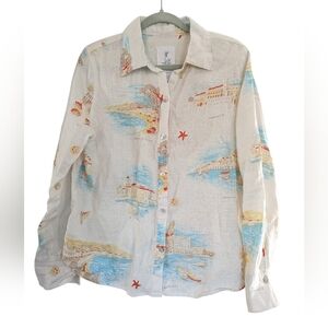 Calypso St. Barth Top Button Down White Patterned 100% Linen Shirt
